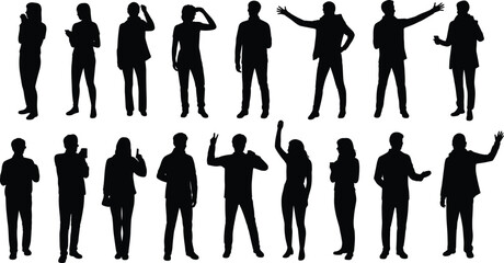 People silhouettes standing gesturing collection, men and women talking pointing using phones isolated on white background human vector illustration set