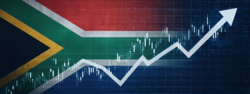 South African flag with a rising graph showing growth in economy and finance trends over time - Powered by Adobe
