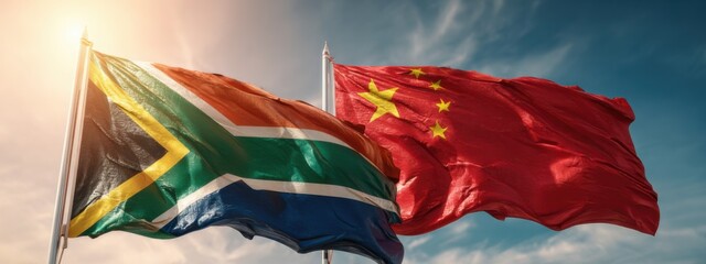 Flags of South Africa and China wave together under a clear sky during a sunny day, showing friendship and international connection