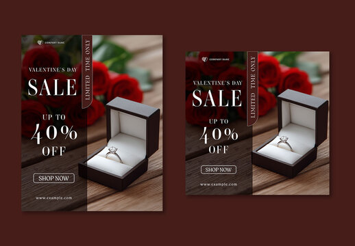 Editable Valentine&rsquo;s Day Jewellery Sale Social Media Post Template Set with 40 Percent Discount Offer on Luxury Ring.
