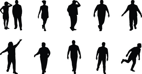 silhouette, people, walking, running, standing, gesture, pose, movement, posture, black, vector, illustration, casual, dynamic, lifestyle, interaction, body, language, motion, diverse