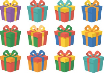 Colorful gift box icons set, festive present packages with ribbons bows for birthday holiday celebration isolated on white background vector illustration