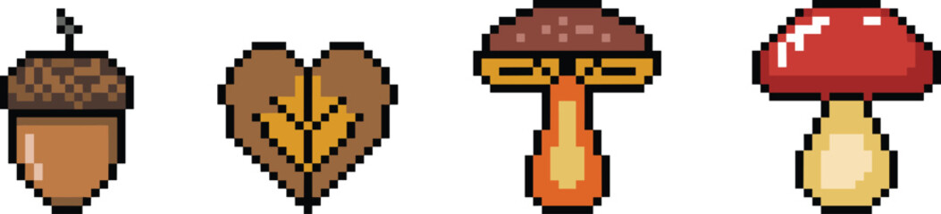 Pixel art autumn nature icons set featuring acorn leaf heart mushrooms forest elements retro game design illustration © Creative Asif