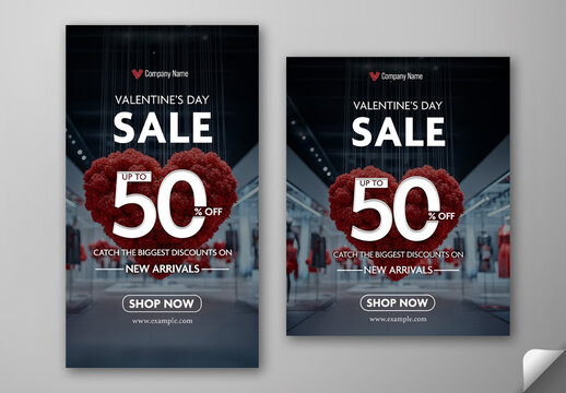 Editable Valentine&rsquo;s Day Sale Social Media Post and Story Template Set with Up to 50 Percent Off on New Arrivals.