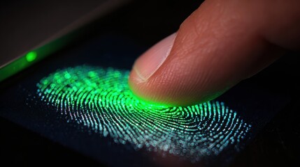 Close-up of a finger touching a fingerprint scanner, showcasing biometric security technology in action with vibrant green light.
