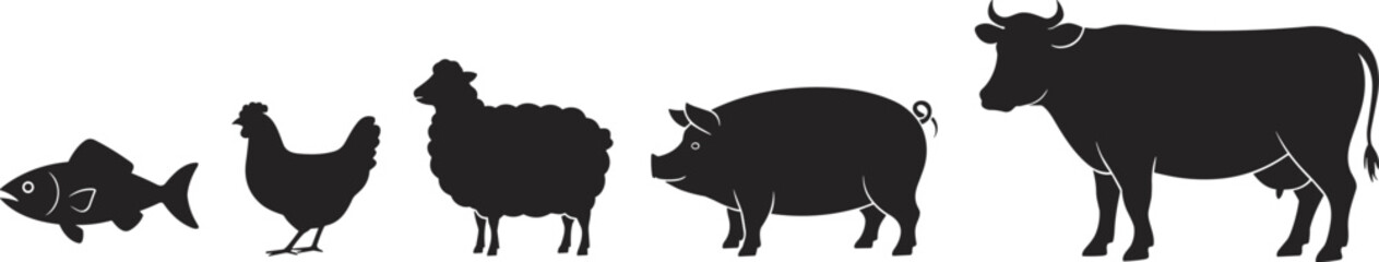 Farm animal silhouettes set fish chicken sheep pig cow isolated on white background agriculture livestock vector illustration