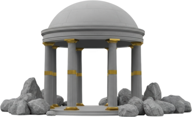 Ancient stone rotunda structure with fluted Doric columns featuring gold trim standing on a raised platform surrounded by scattered gray boulders transparent background Classical Temple