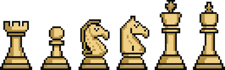 Pixel art chess pieces icon set featuring king queen rook bishop knight pawn strategy board game retro design © Creative Asif