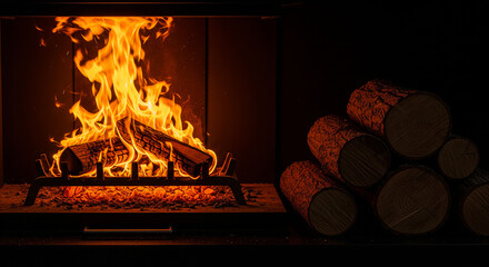Close-up of a burning fireplace with logs in a cozy indoor space