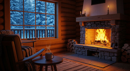 Warm fire crackling in a stone fireplace inside a rustic log cabin