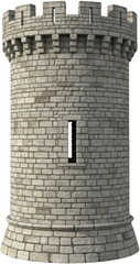 Detailed stone medieval castle tower section featuring crenellations a narrow arrow slit window and a sturdy stone base structure Architecture Fortress Turret Stone wall Battlement