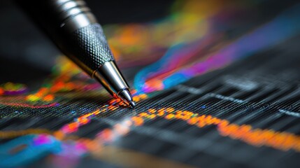 Close-up of a pen writing on a colorful graph, symbolizing financial analysis, strategy, and business growth.
