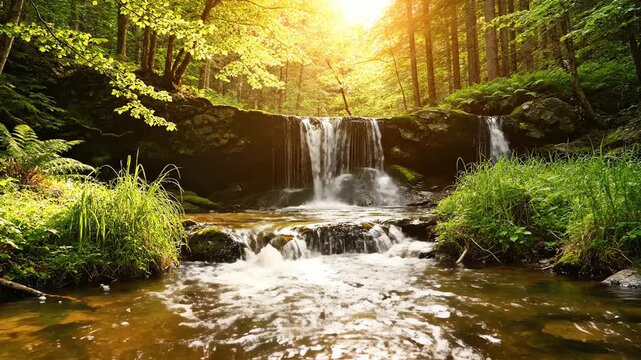 Sunlit Waterfall Cascading in Lush Forest Green Landscape with Small Waterfall 