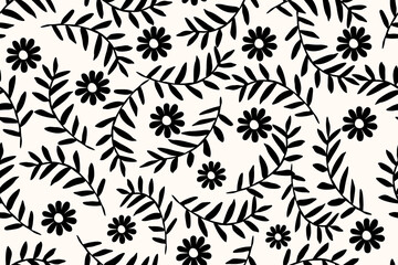 A clean seamless botanical pattern with black leaves and simple flowers on a soft cream background, creating a minimalist, elegant, and modern design.
