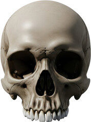 Detailed close up frontal view of a realistic human skull displaying bone texture sutures eye sockets nasal cavity and a full set of teeth against a black void Anatomy Head Skeleton