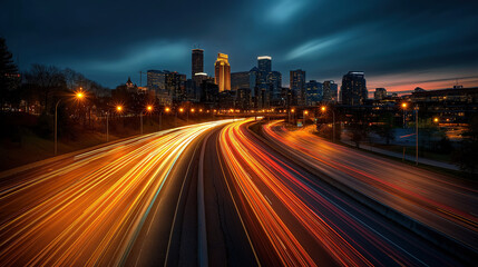 Fototapeta premium ynamic City Night Highway Traffic Light Trails Time-lapse, Modern Urban Traffic Background