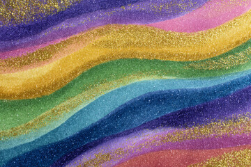 Beautiful abstract background of colorful rainbow watercolor waves with shimmering gold glitter texture