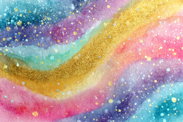 Beautiful abstract background of colorful rainbow watercolor waves with shimmering gold glitter texture