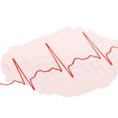 Red electrocardiogram line on graph paper isolated on transparent background