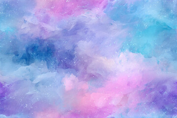 Beautiful dreamy pink and blue watercolor sky with soft fluffy white clouds and paper texture