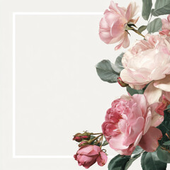Elegant pastel pink rose floral frame on a clean white background with copy space