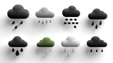  Black, White, and Green 3D Clouds with Raindrops on a Clean White Background, Representing Weather Concepts.