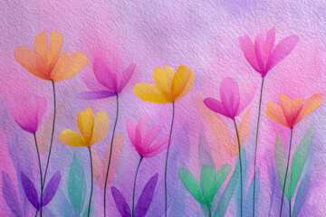 Vibrant abstract watercolor painting of a colorful wildflower field with pastel pink purple and yellow blossoms