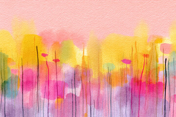 Vibrant abstract watercolor painting of a colorful wildflower field with pastel pink purple and yellow blossoms