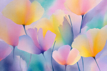 Vibrant abstract watercolor painting of a colorful wildflower field with pastel pink purple and yellow blossoms