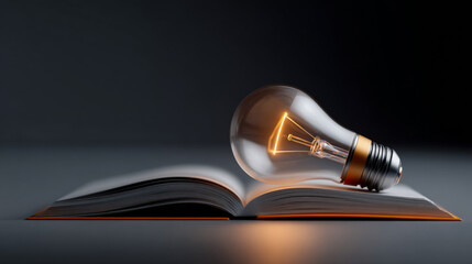 Creative innovation and wisdom concept with glowing light bulb on open book in dark room
