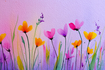 Vibrant abstract watercolor painting of a colorful wildflower field with pastel pink purple and yellow blossoms