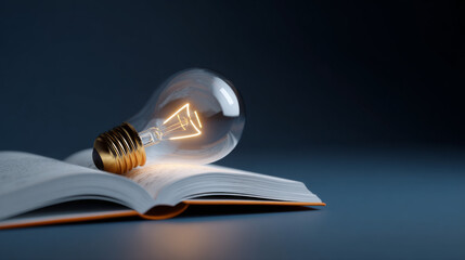 Creative innovation and wisdom concept with glowing light bulb on open book in dark room
