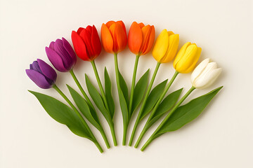 Vibrant rainbow colored tulips arranged in a semicircle on a light full hd 4k stock image download background