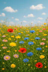 Obraz premium Vibrant summer meadow with red poppies blue cornflowers and yellow daisies under a cloudy blue sky full hd 4k stock image download