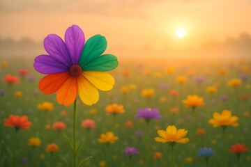 Fototapeta premium Single multi colored flower in a field of wildflowers at sunrise full hd 4k stock image download nature