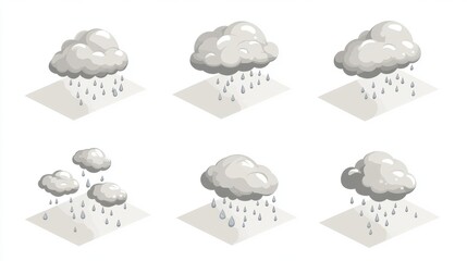  Cartoon Rainy Clouds with Raindrops, Natural Elements, Environmental Illustration, Weather Phenomena, Seasonal Change Concepts and Metereological Design.