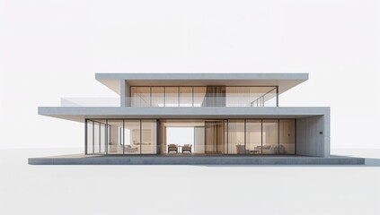 Modern two-story house with large glass windows and minimalist design