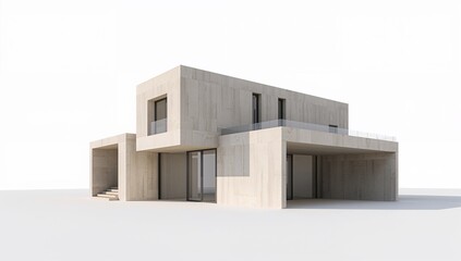 Modern concrete house with minimalist design and large windows outside