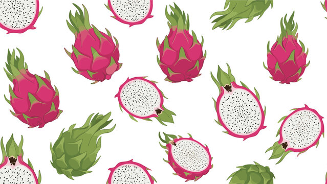 A bright and tropical seamless pattern of whole and sliced dragon fruit, also known as pitaya, scattered against a clean and simple white background.