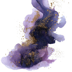 Luxurious purple and indigo abstract alcohol ink with shimmering gold glitter veins on light background