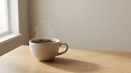 Steaming Morning Coffee on a Minimalist Wooden Desk