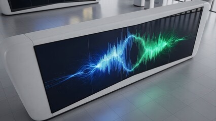 Modern reception desk with vibrant digital display showing sound waves.