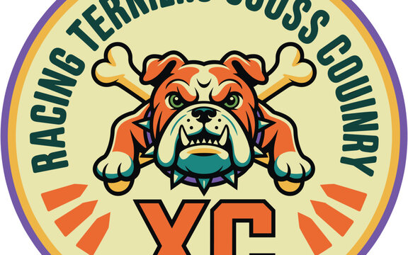 Angry bulldog mascot logo with crossbones for cross country racing team athletic sports emblem with fierce canine character and spiked collar for school spirit apparel and competitive branding