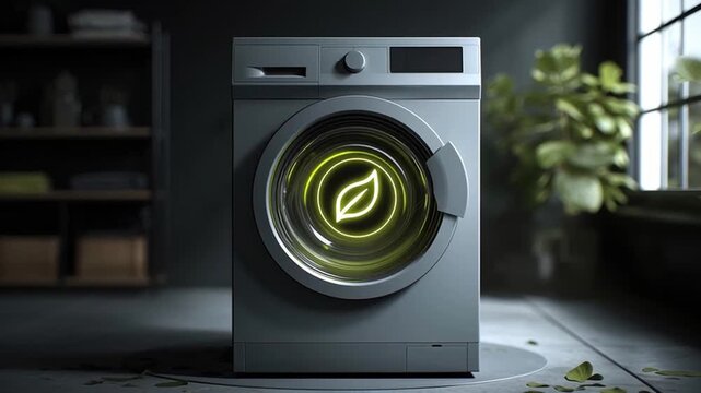 Energy efficient washing machine glowing with green leaf symbol promoting eco friendly laundry, reducing household energy use, efficient modern