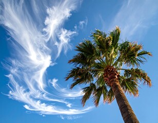 Palm tree ascending against vibrant blue sky with feathery, wispy cirrus clouds