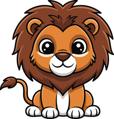 Fototapeta premium Cartoon lion character smiling, cute jungle animal with big mane and tail tuft, vector art, flat design, isolated image