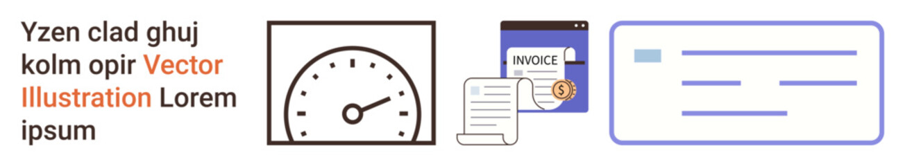 Business growth, financial analysis, productivity tracking, service invoicing, workflow organization, document management. Speedometer, invoice and document icons . Business growth and financial