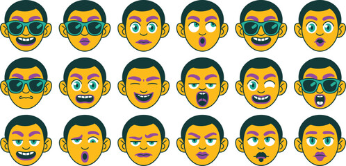 Fototapeta premium Cartoon facial expressions set with diverse male character emotions and avatars for social media apps and digital communication marketing design elements on vibrant purple background vector art