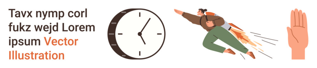 Obraz premium Time management, productivity, personal growth, motivation, decision-making, achieving goals. Clock, flying person progress stop gesture. Time management and productivity