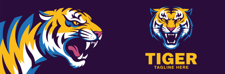 Obraz premium Tiger mascot vector logo set with fierce roaring wild cat head and profile for sports team branding identity gaming esport icon aggressive animal character illustration for apparel design print